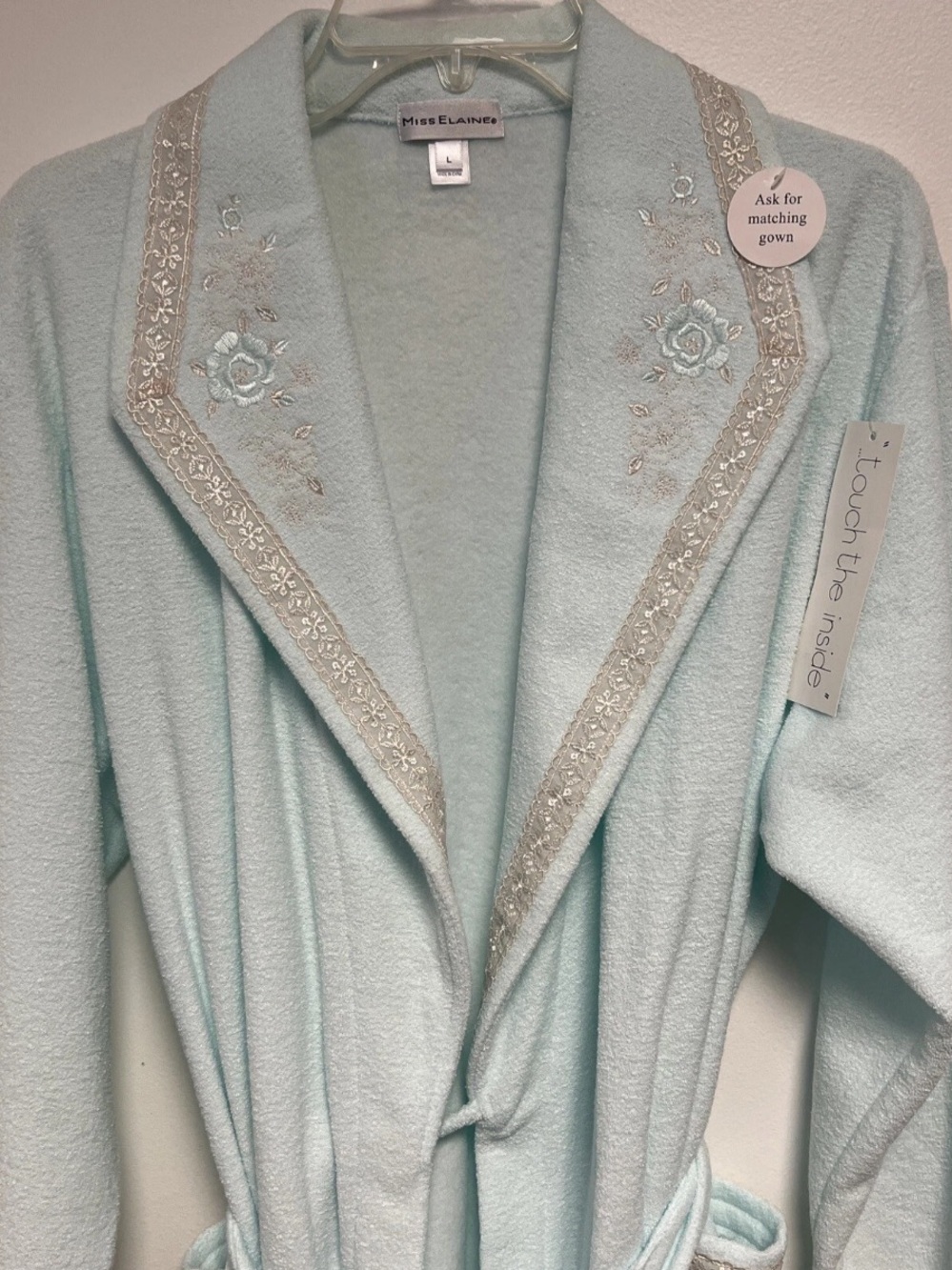 Miss Elaine Bathrobe Mint Blue with Embroidered Flowers & Lace Detail Large NWT! - Picture 2 of 8